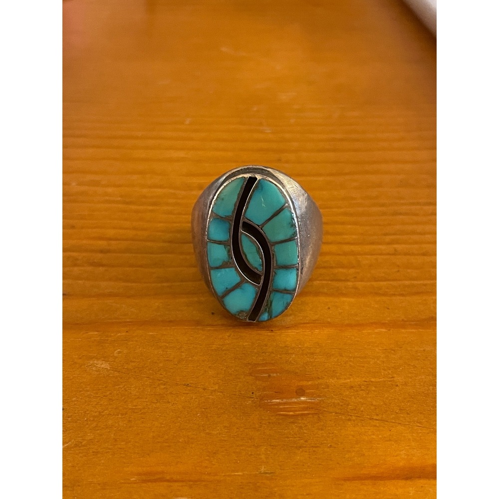 Vintage L&J Salvador Zuni Sterling Turquoise Jet Hummingbird Inlay Ring